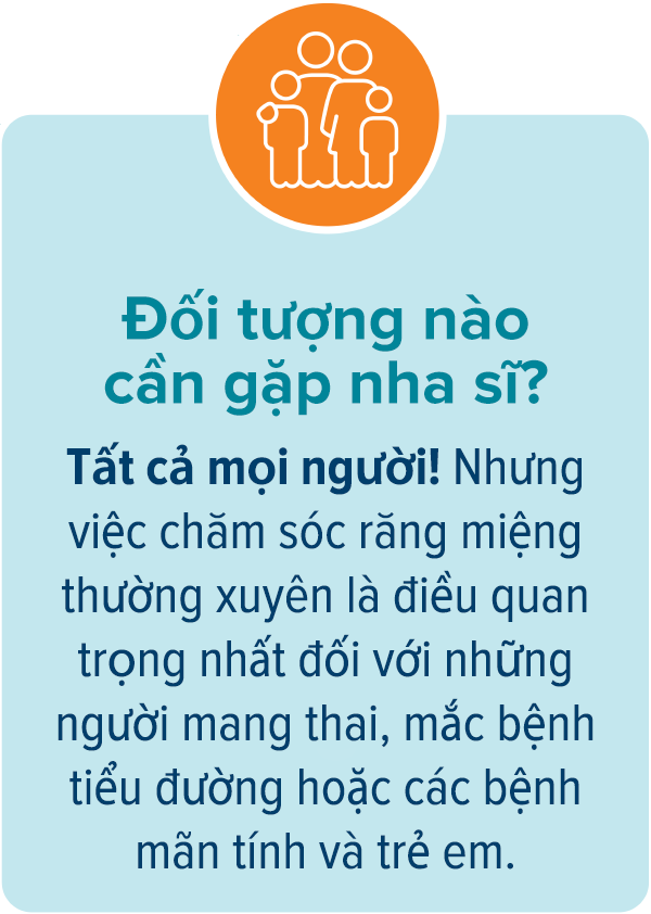 Những ai nên đi khám nha sĩ? Tất cả mọi người! Tuy nhiên, việc chăm sóc răng miệng thường xuyên là quan trọng nhất đối với người đang mang thai, mắc bệnh tiểu đường hoặc các bệnh mãn tính khác, và trẻ em.